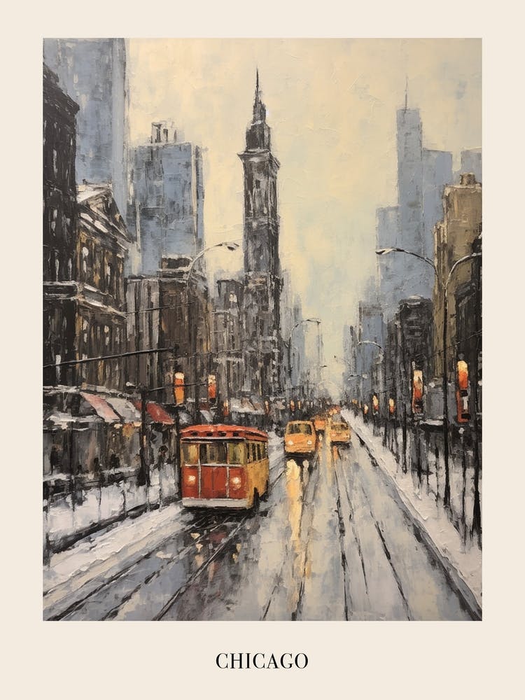 Vintage Winter Painting Poster Chicago Usa 1