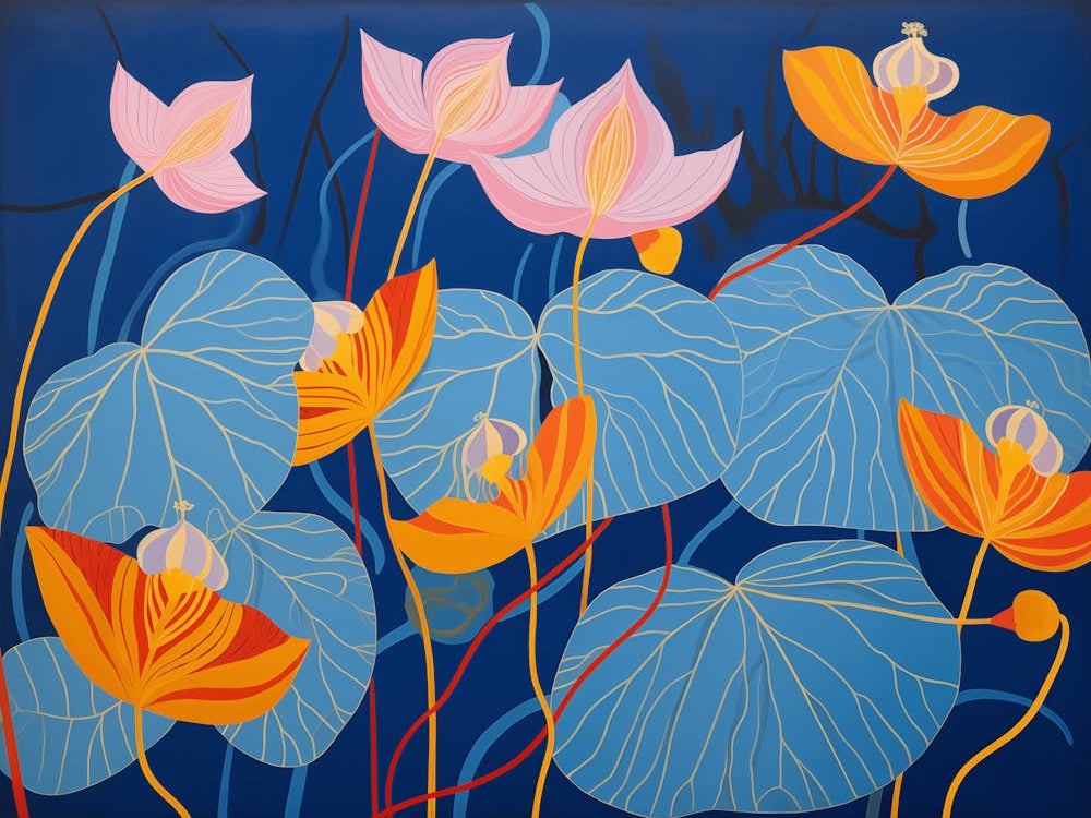 Lotus art deco. Floral art. Dark blue and orange. Living room or bathroom design
