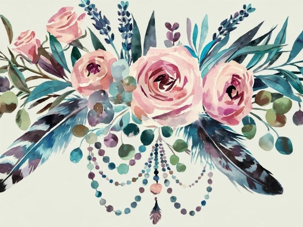 Boho Floral Art, Roses, Feathers and Beads