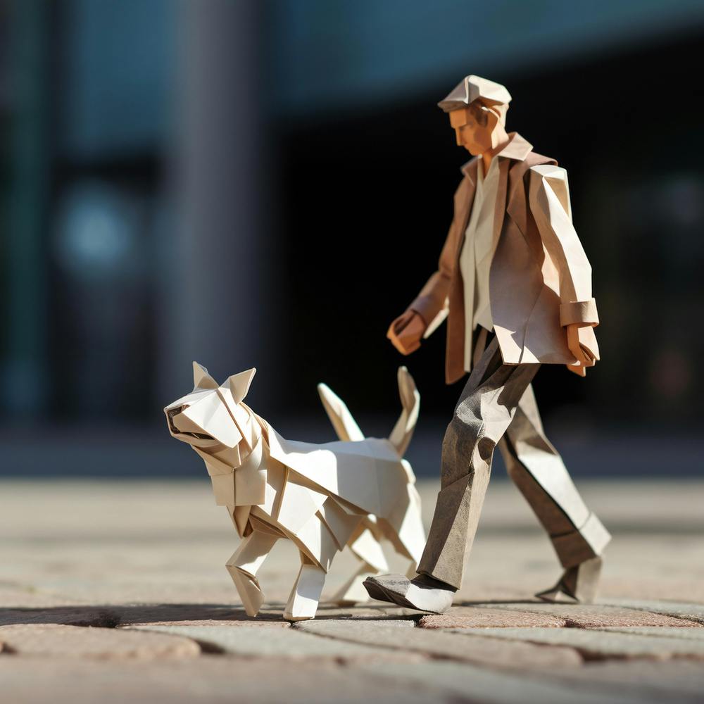 Origami Urban Man Walking Dog