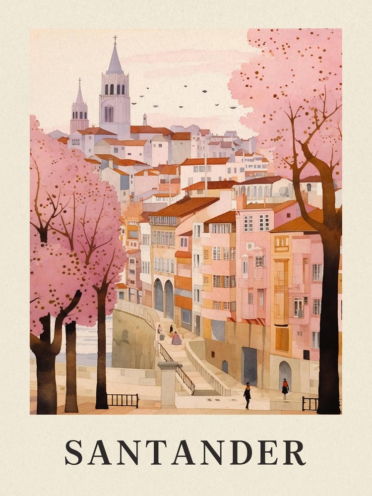 Santander Spain 5 Vintage Pink Travel Illustration Poster