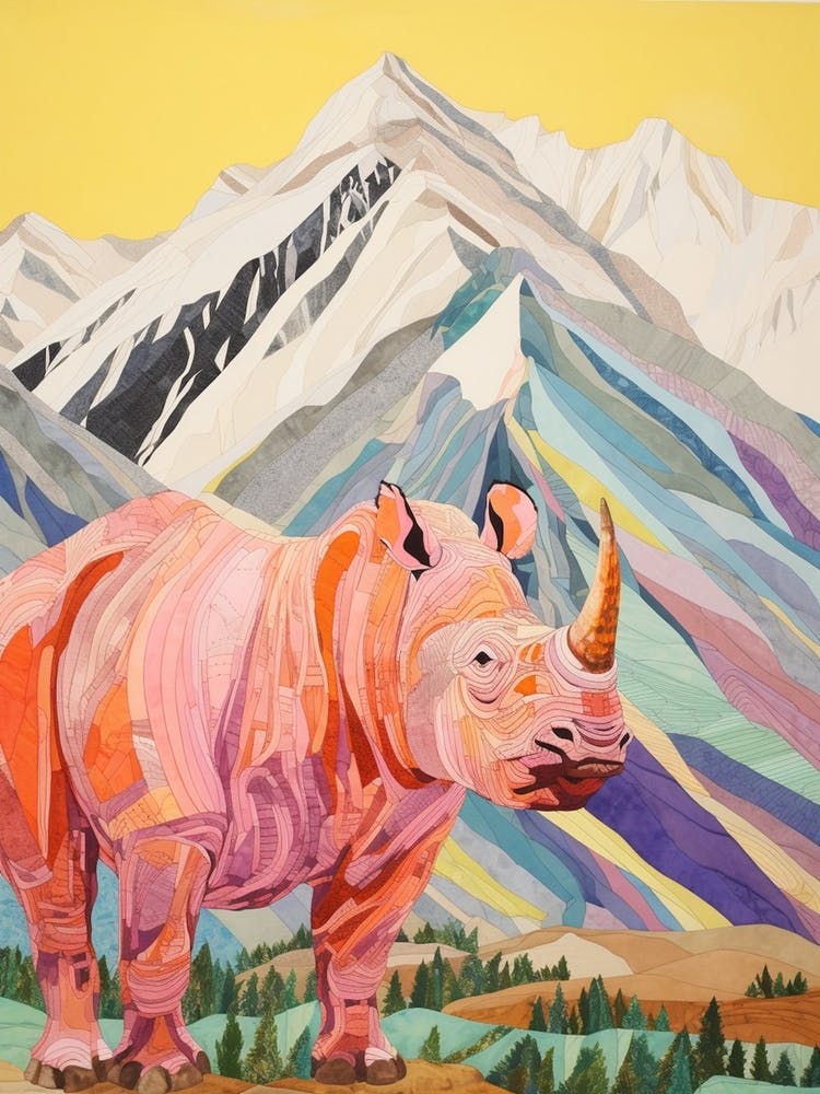Colourful Patchwork Rhino With Mountain In The Background 1