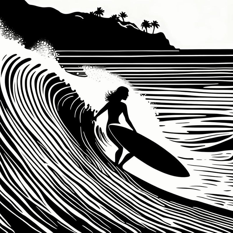 Linocut Black And White Surfer Girl On A Wave art, surfing art, 260