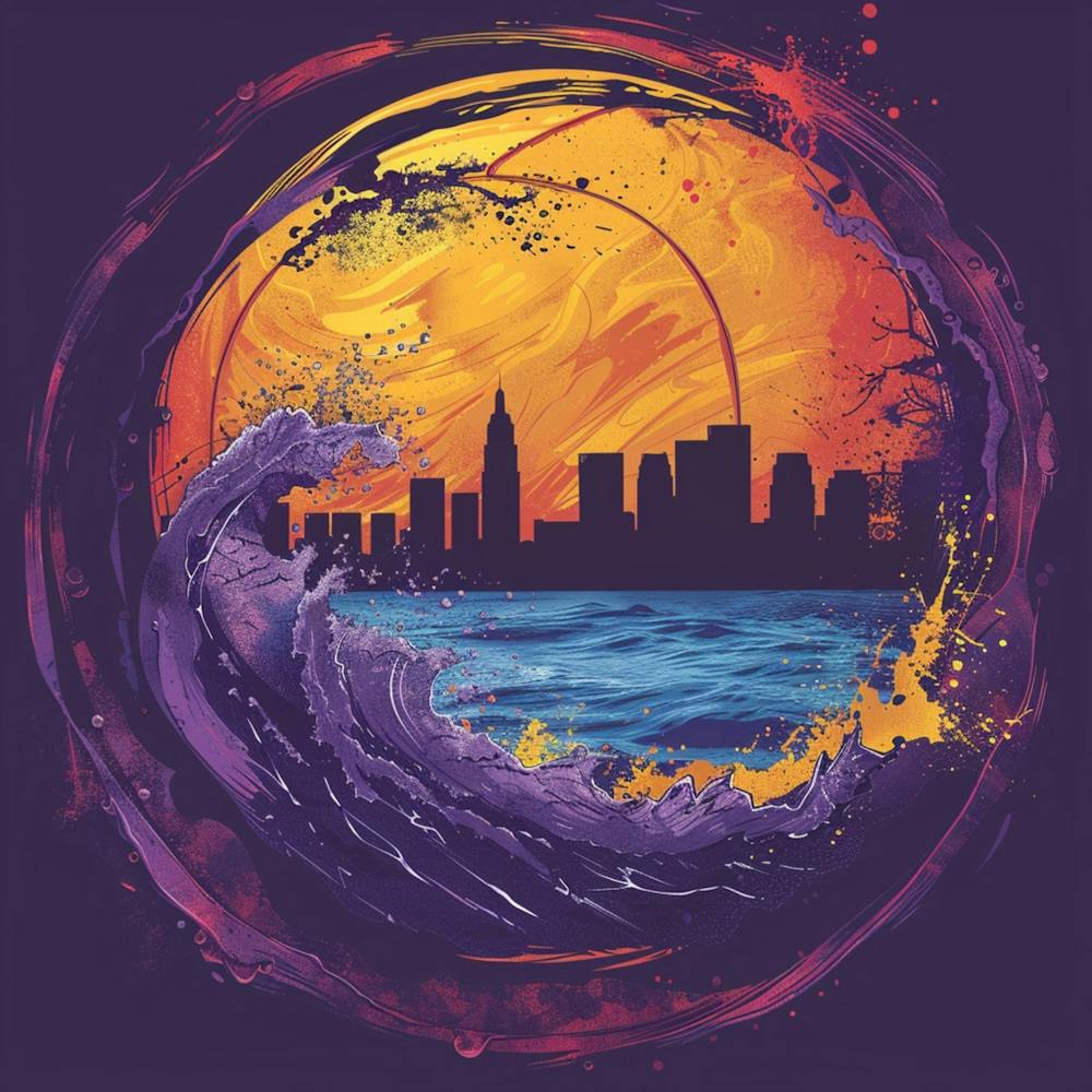 Realistic, Vector Splash Art, Concept, Los Angeles Lakers Brand Logo, Ball Silhouette, Hyper Realistic Details, City Background, Iconic Landmarks, Flat Vector, Iconic, Logocore, Dreamscape, Vibes, Never Before