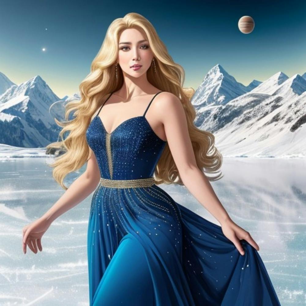 Woman in beautiful blue dress, night sky mountain scene