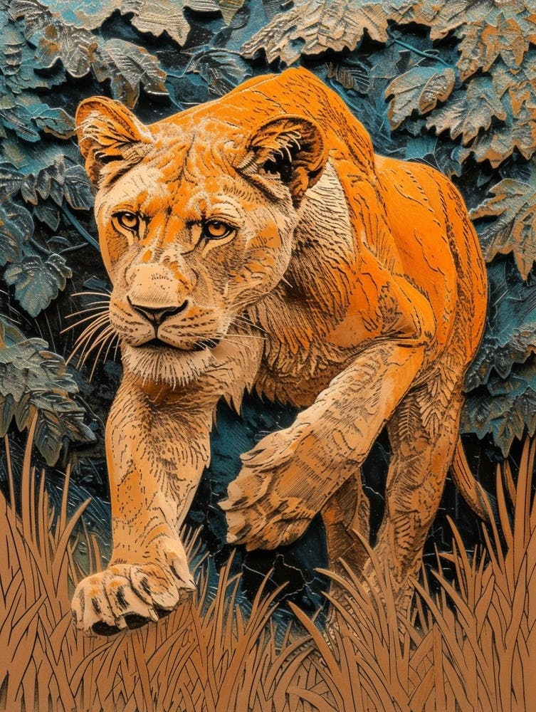 African Lion Relief Illustration Lionesss 4