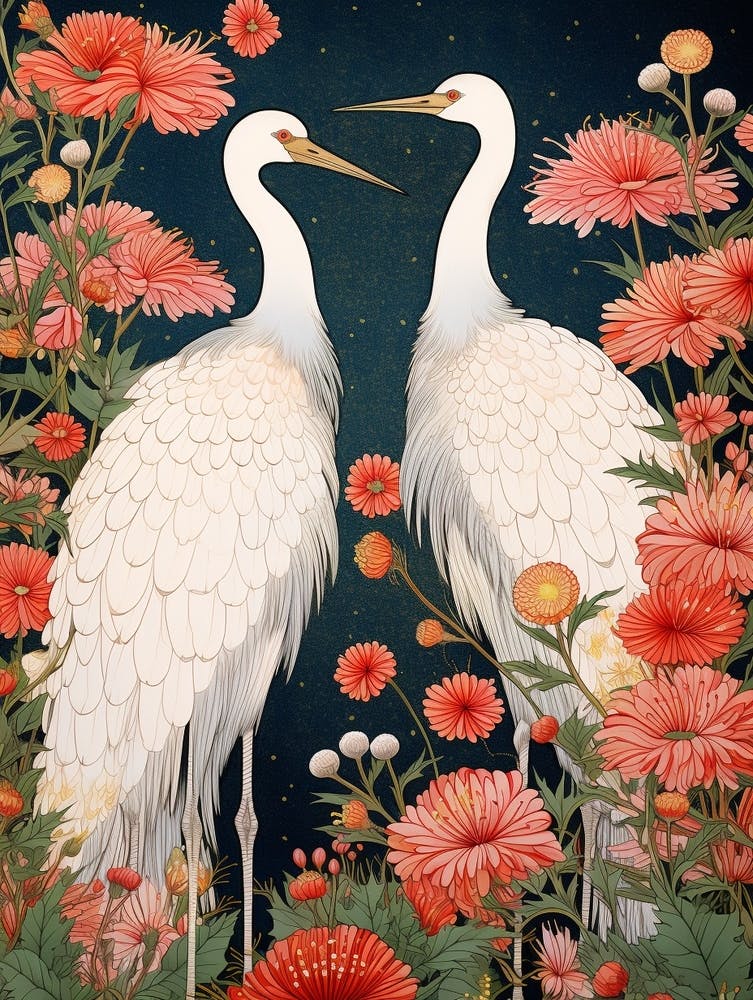 Black And Red Cranes 6 Vintage Japanese Botanical