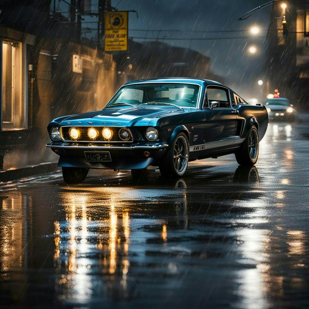 Mustang in the rain