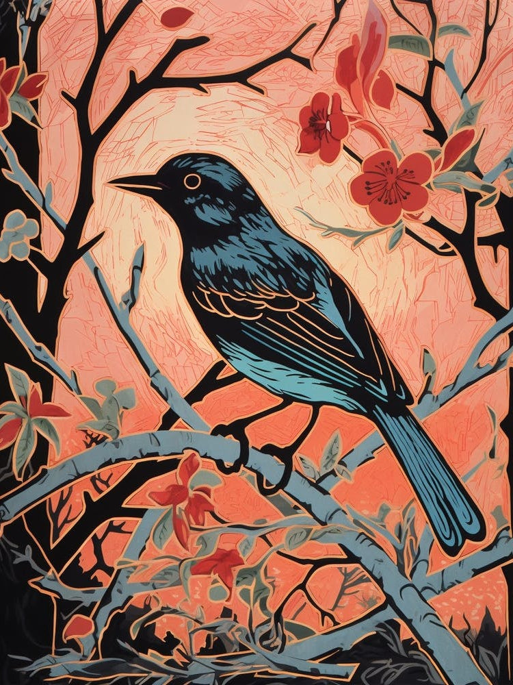 Birds And Branches Linocut Style 7