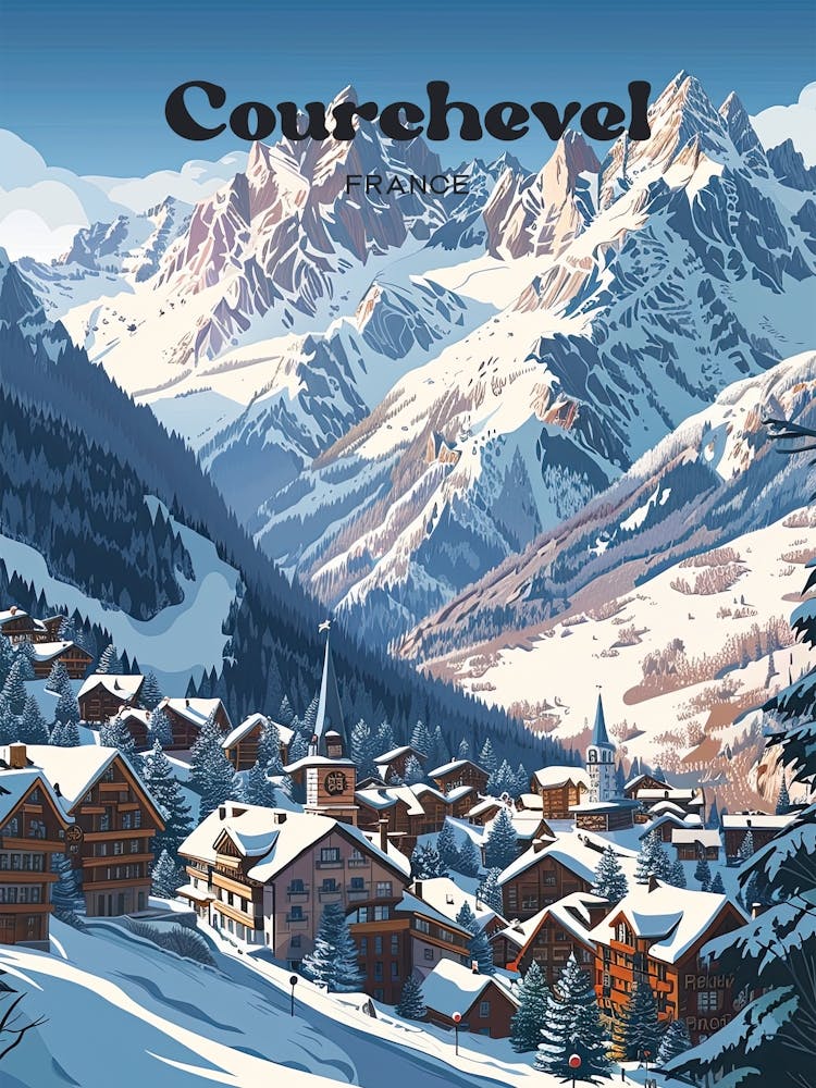 Courchevel France Snow Mountain Travel Illustration