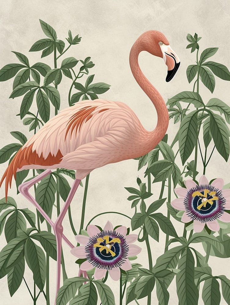 Lesser Flamingo And Passionflowers Minimalist Illustration 1