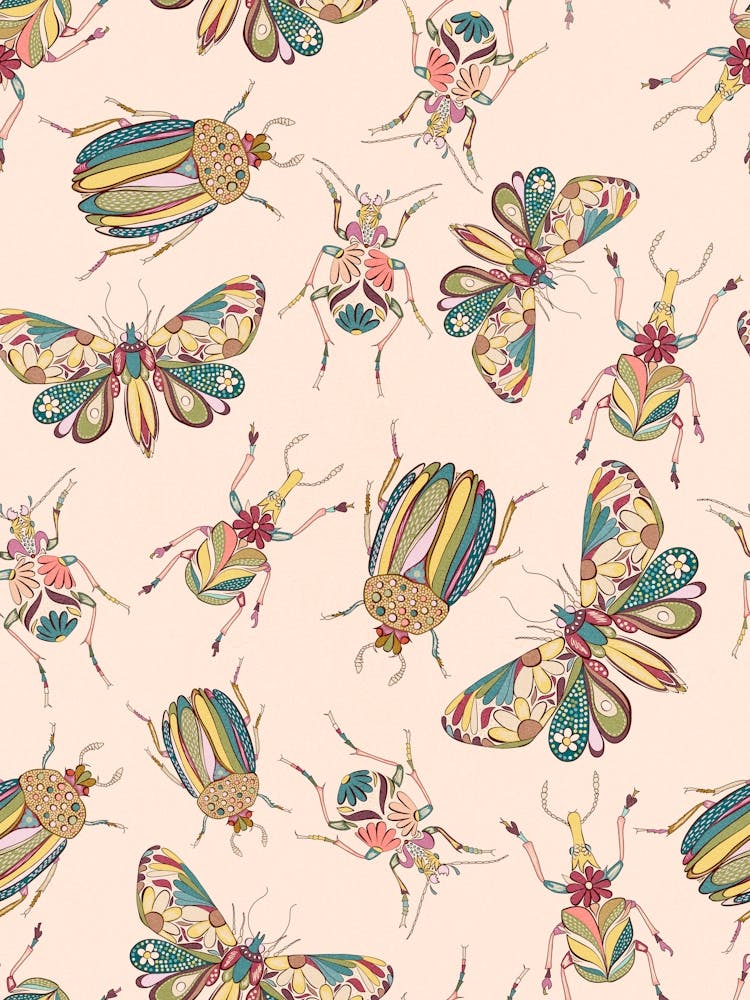 Floral Doodle Bug Butterfly pattern on Peach Fuzz
