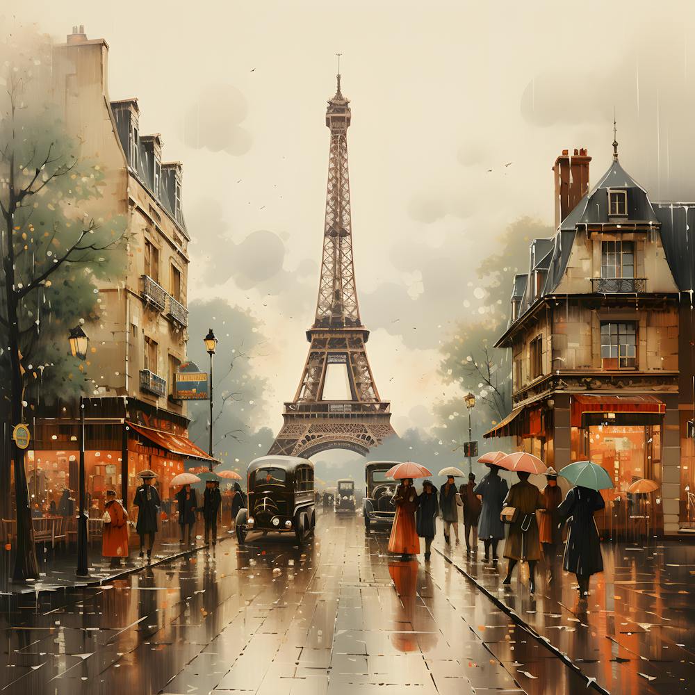 Parisian Street Stroll: Vintage Eiffel Tower Rainy Day - Paris Retro Scene