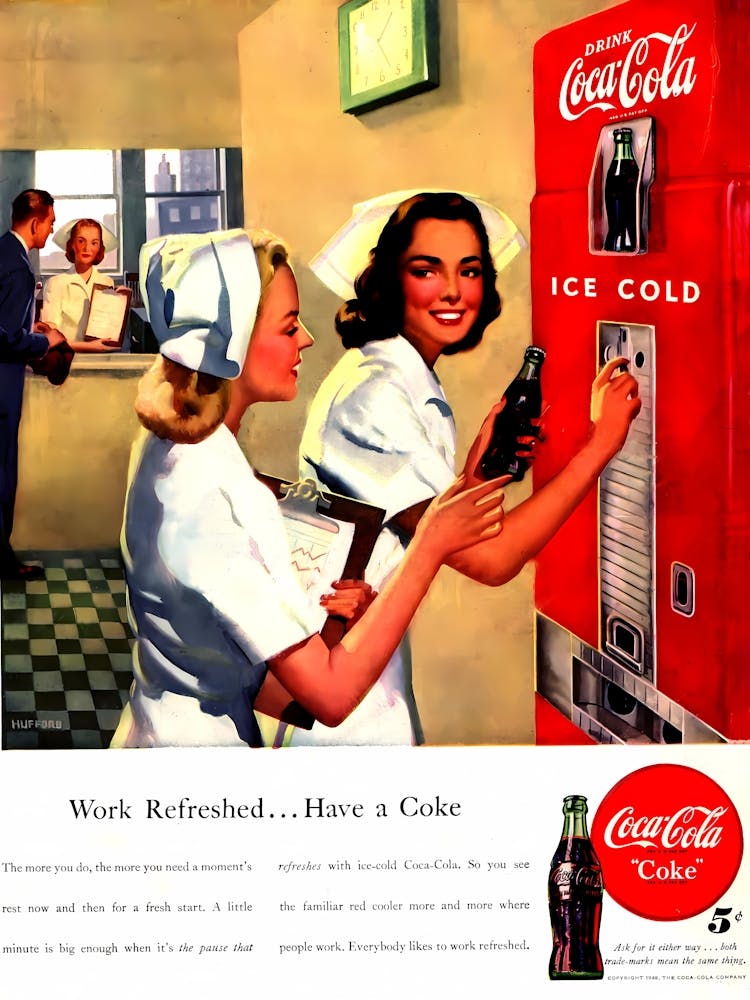 Work Refreshed,Young Nurses and Cold Drink vending machine, Coca Cola, Vintage Advertisement