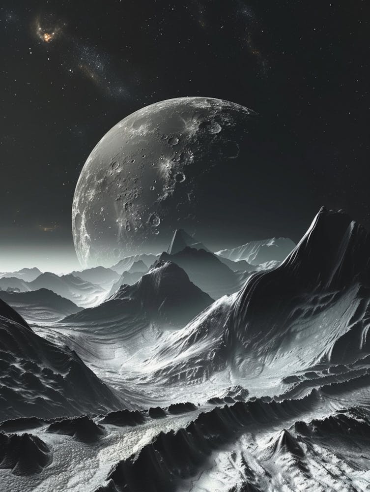 The Sky Under The Moonlight Reflects Rocky Mountain Ranges, Deep Black And Silver, With A Clean Background, Minimalist Style, Futuristic Sci Fi Aesthetic Style, Mountain View, 8k, High Definition