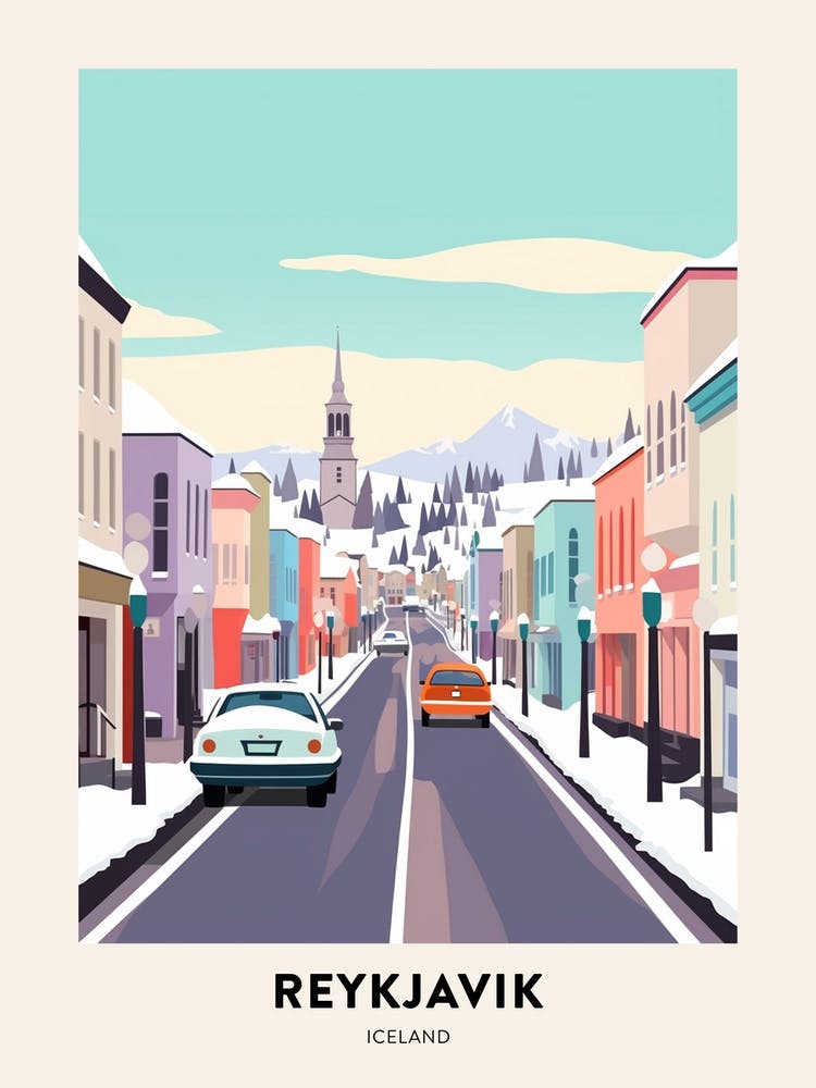 Vintage Winter Travel Poster Reykjavik Iceland 3