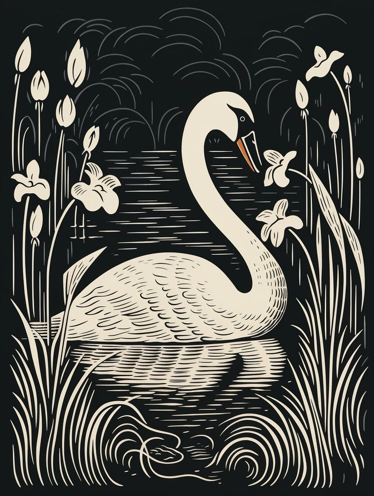 B&W Bird Linocut Swan 2
