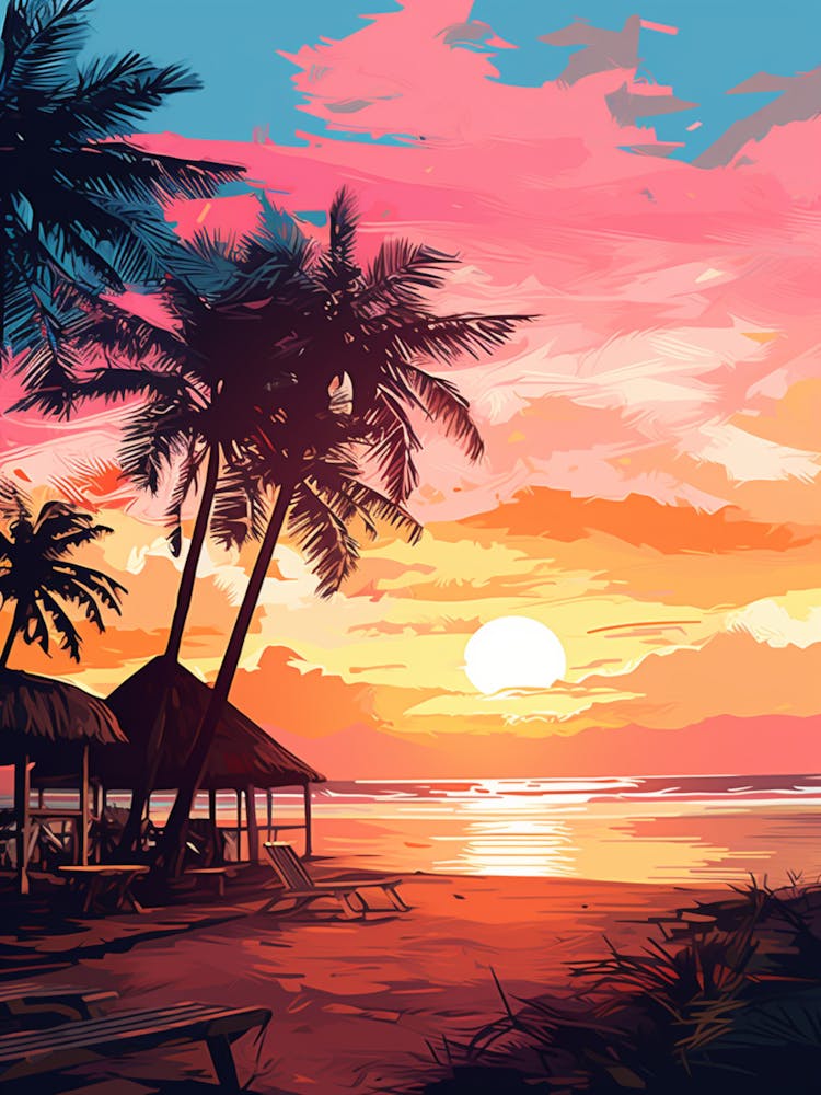 An Illustration In Pink Tones Of  Gili Trawangan Beach Indonesia 1