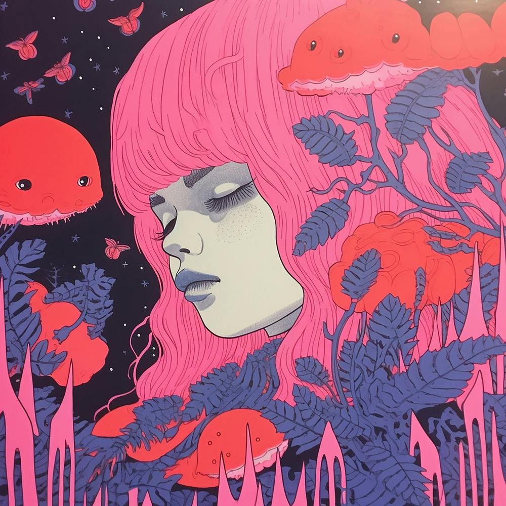 Ethereal Girl Surreal Risograph Illustration, Bubblegum Colours, Mushrooms & Eyes
