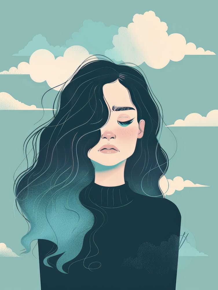 Mädchen mit blauen Haaren und Wolken