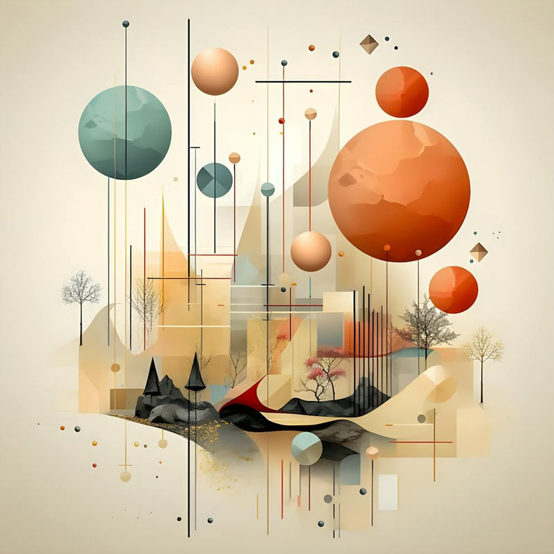 Dreamlike Abstract Landscape – Surreal Geometric Art with Floating Spheres, Nature Elements, and Soft Earthy Tones