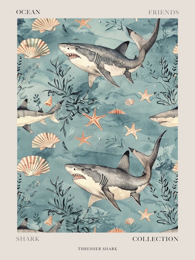 Pastel Blue Thresher Shark Watercolour Seascape Pattern 1 Poster