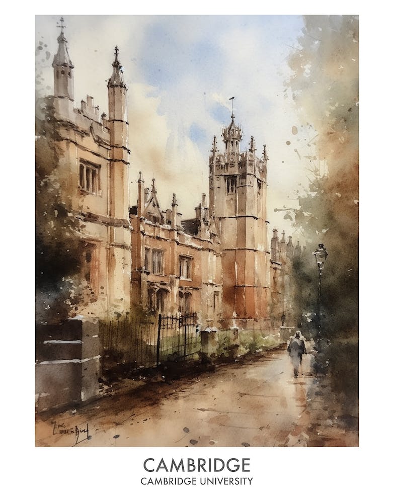 Cambridge University 5 Watercolor Travel Poster