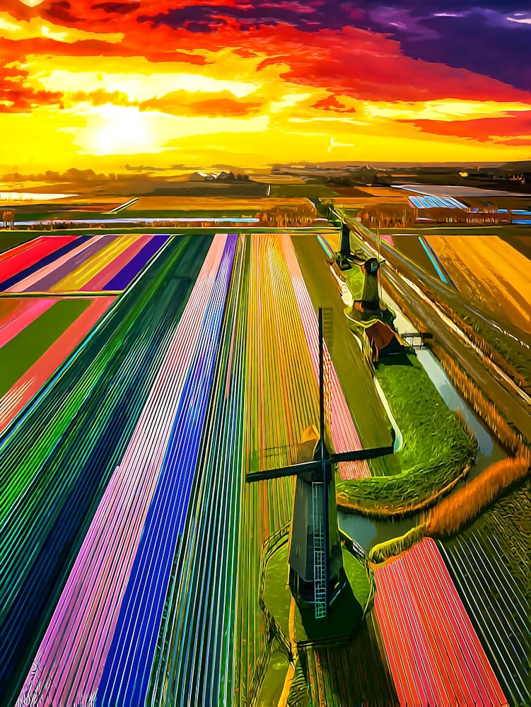 Farbige Tulpenfelder blühen im Frühling bei Sonnenaufgang in den Niederlanden