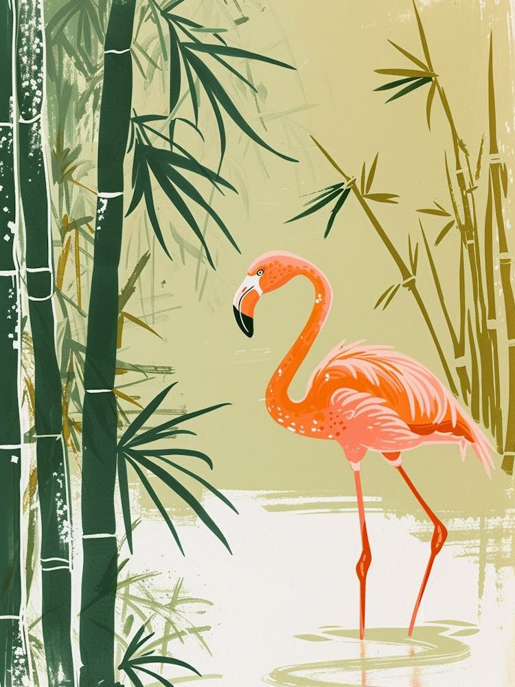 Lesser Flamingo And Bamboo Minimalist Illustration 4