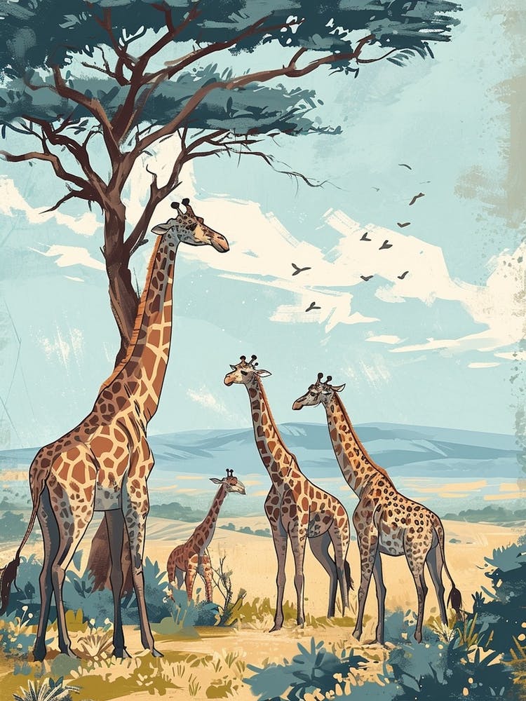 Herd Of Giraffes Resting Under The Tree Modern Illiustration 9
