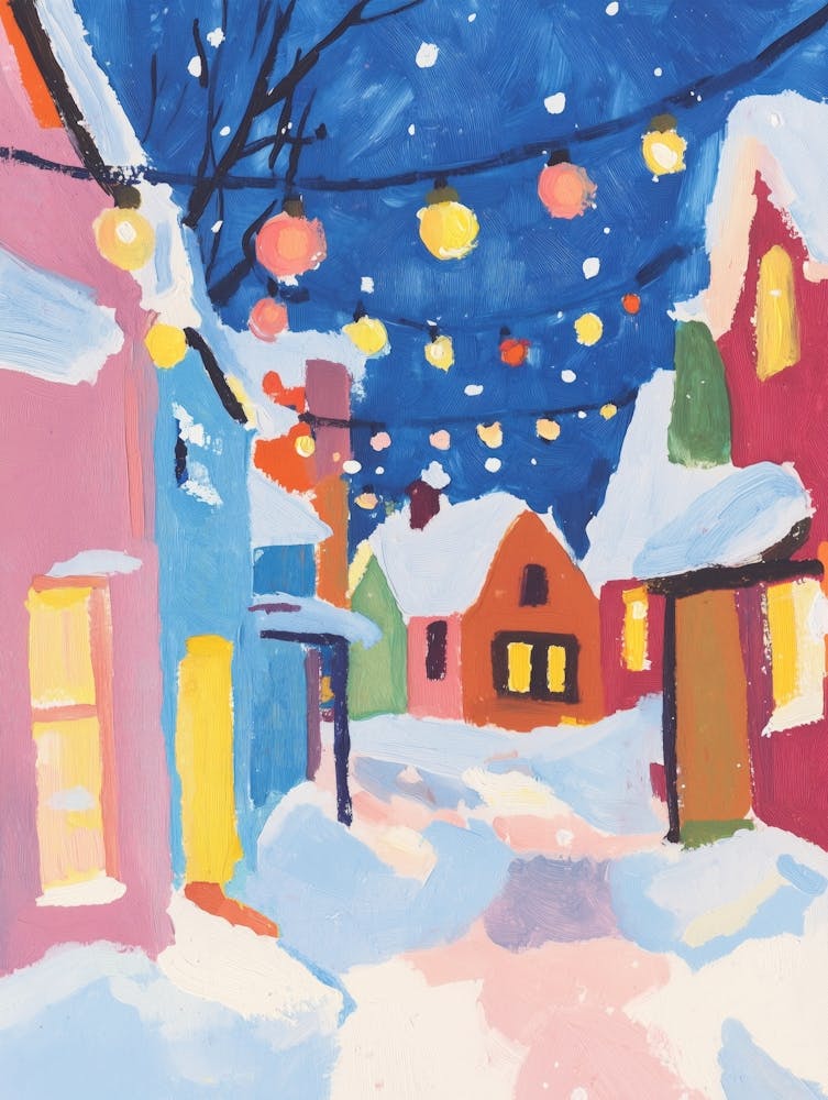 Soirée Tardive dans un Village Enneigé Peinture à la Gouache