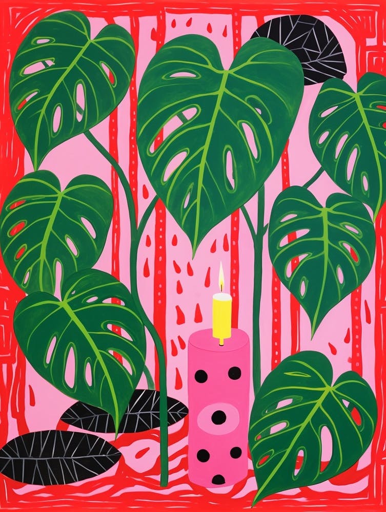 Pink And Red Plant Illustration Swiss Cheese Plant 1