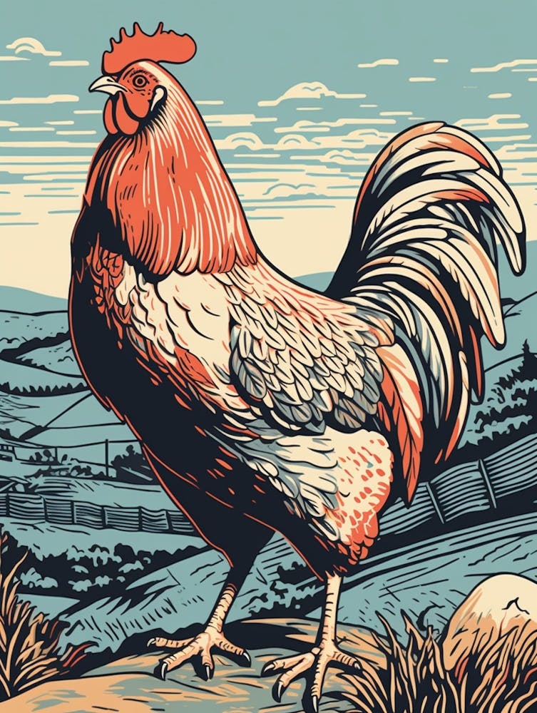 Vintage Bird Linocut Chicken 2