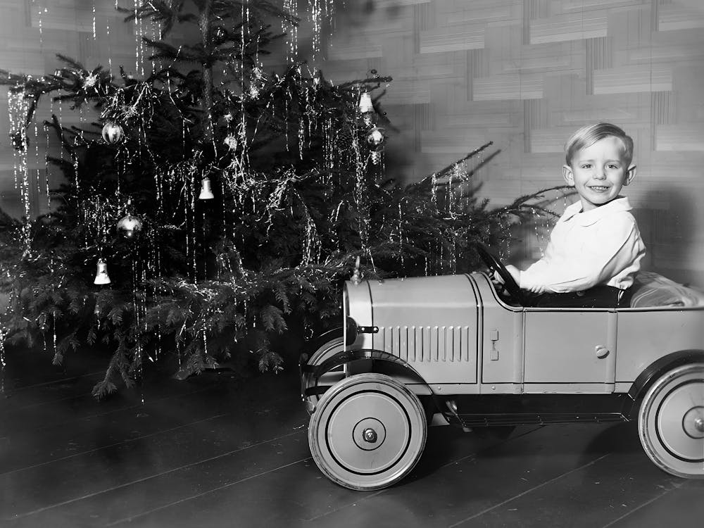 Boy With Toy Car, Christmas, Vintage Black and White Old Photo