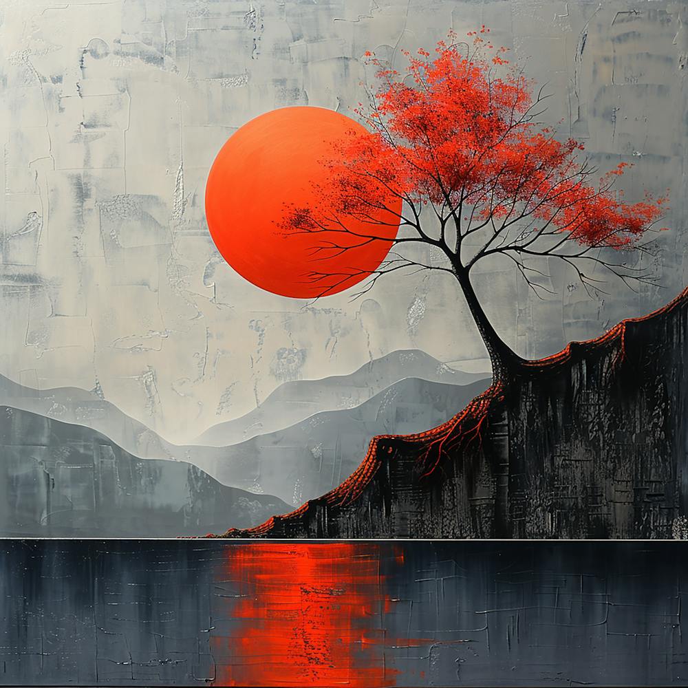 Red Tree with the sun - abstract art, abstract painting  city wall art, colorful wall art, home decor, minimal art, modern wall art, wall art, wall decoration, wall print colourful wall art, decor wall art, digital art, digital art download, interior wall