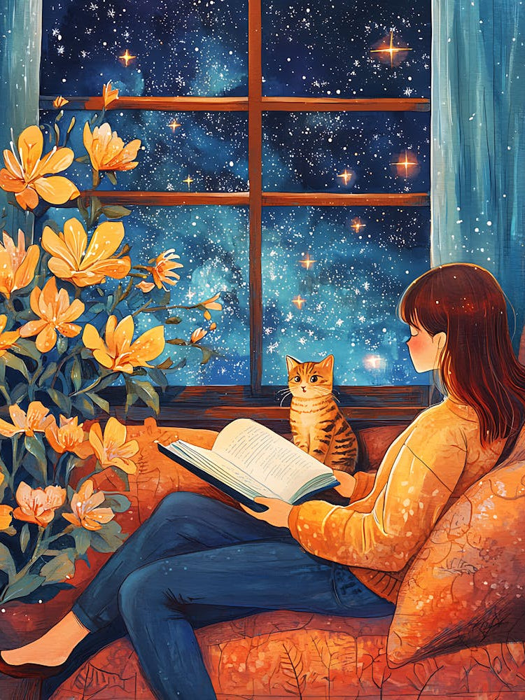 Girl Reading Book with Her Cat 15