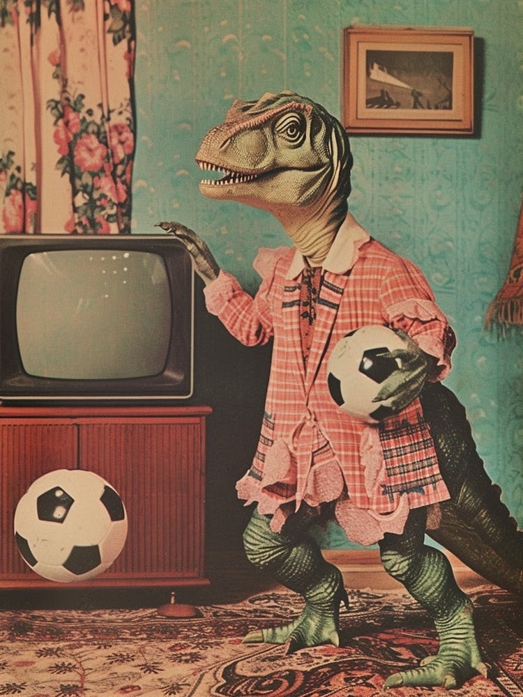 Dinosaur Playing Football Abstract Retro Collage 1