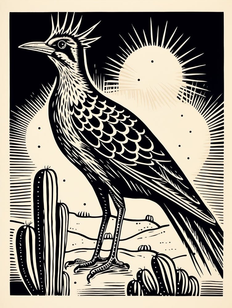 B&W Bird Linocut Roadrunner 1