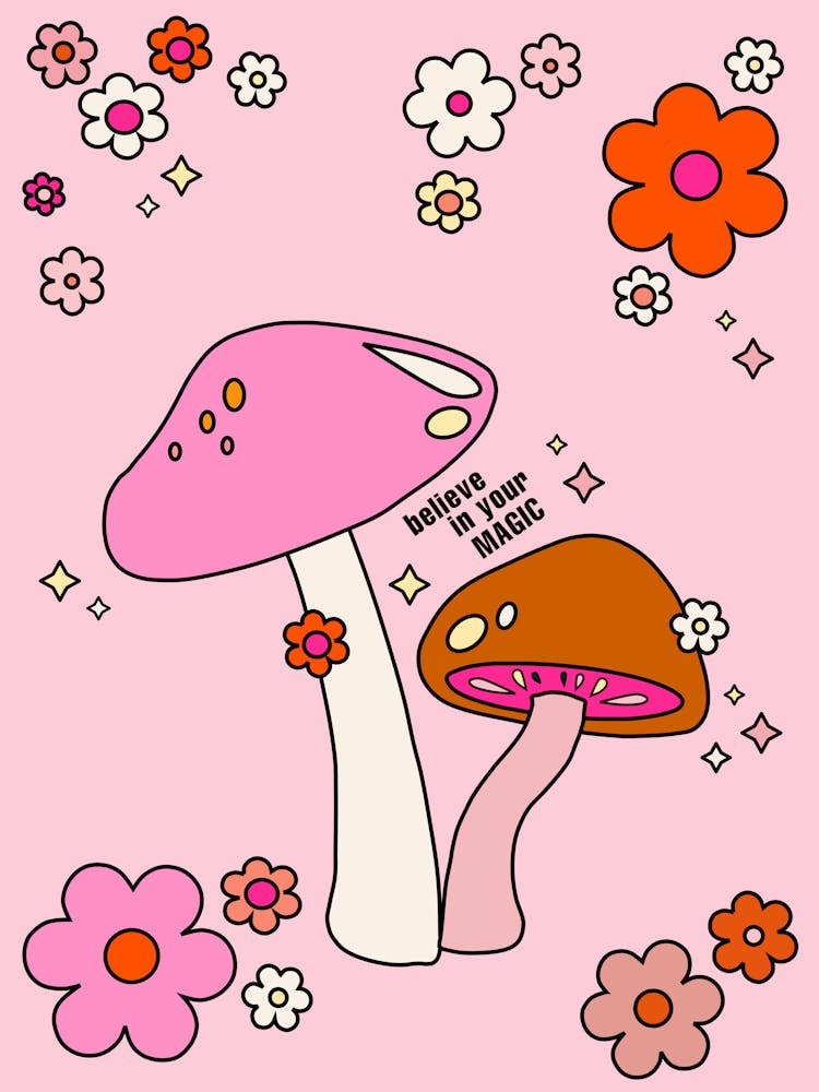 Colorful Mushrooms And Flowers Pink
