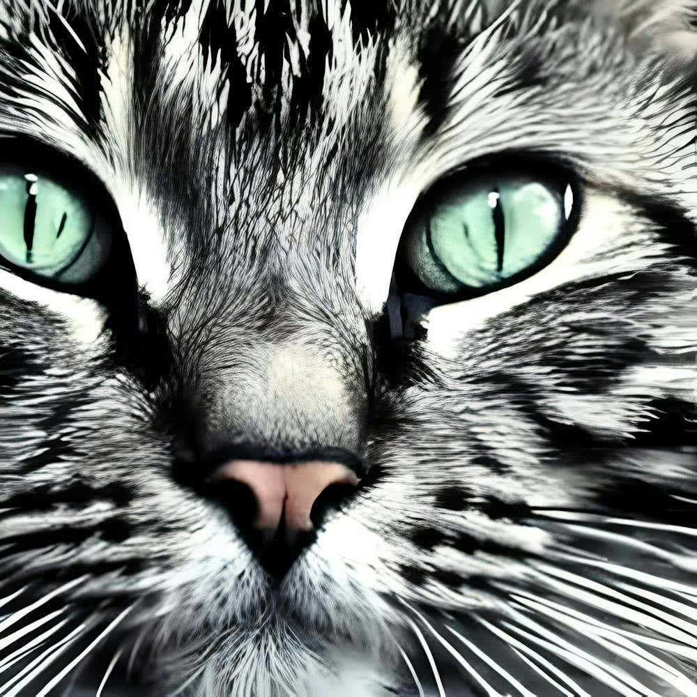 CAT WITH GREEN EYES IN BLACK AND WHITE PRINT
