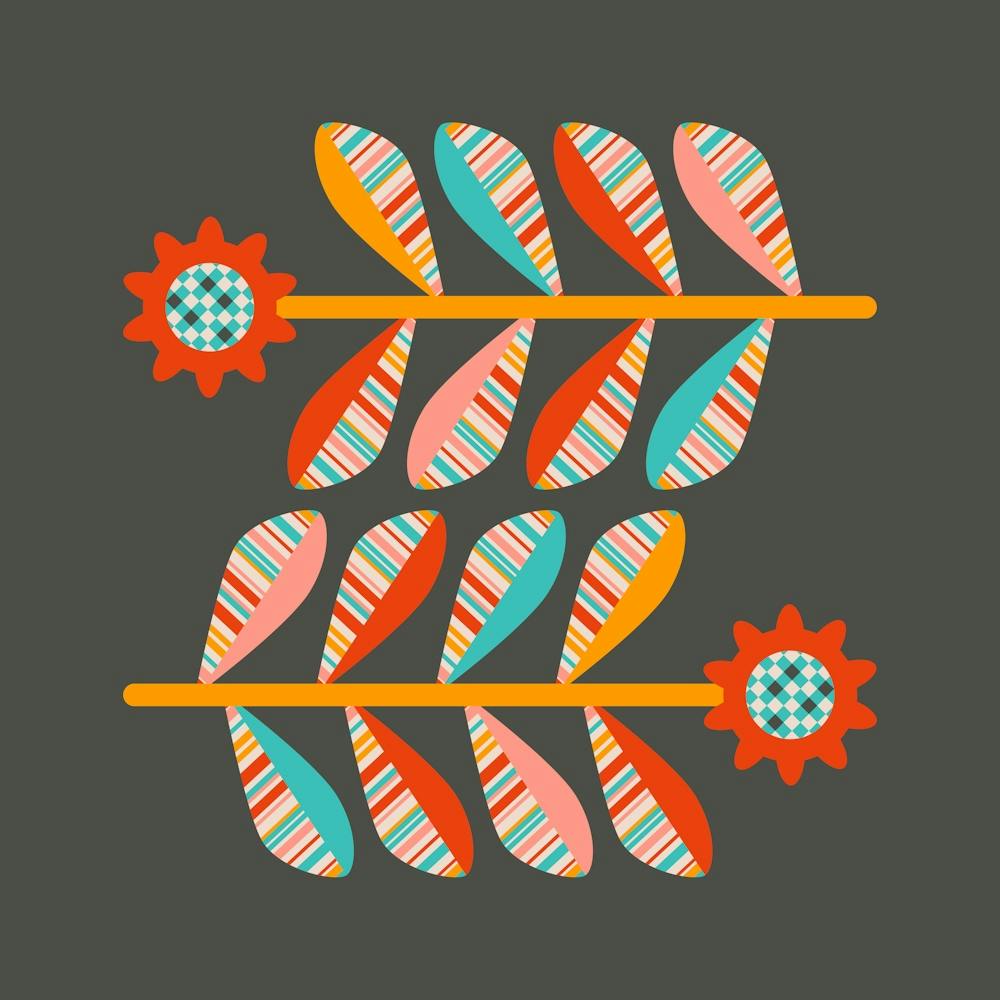 SUNFLOWERS Mid-Century Modern Scandi Folk Floral in Vintage Retro Colours on Charcoal Brown