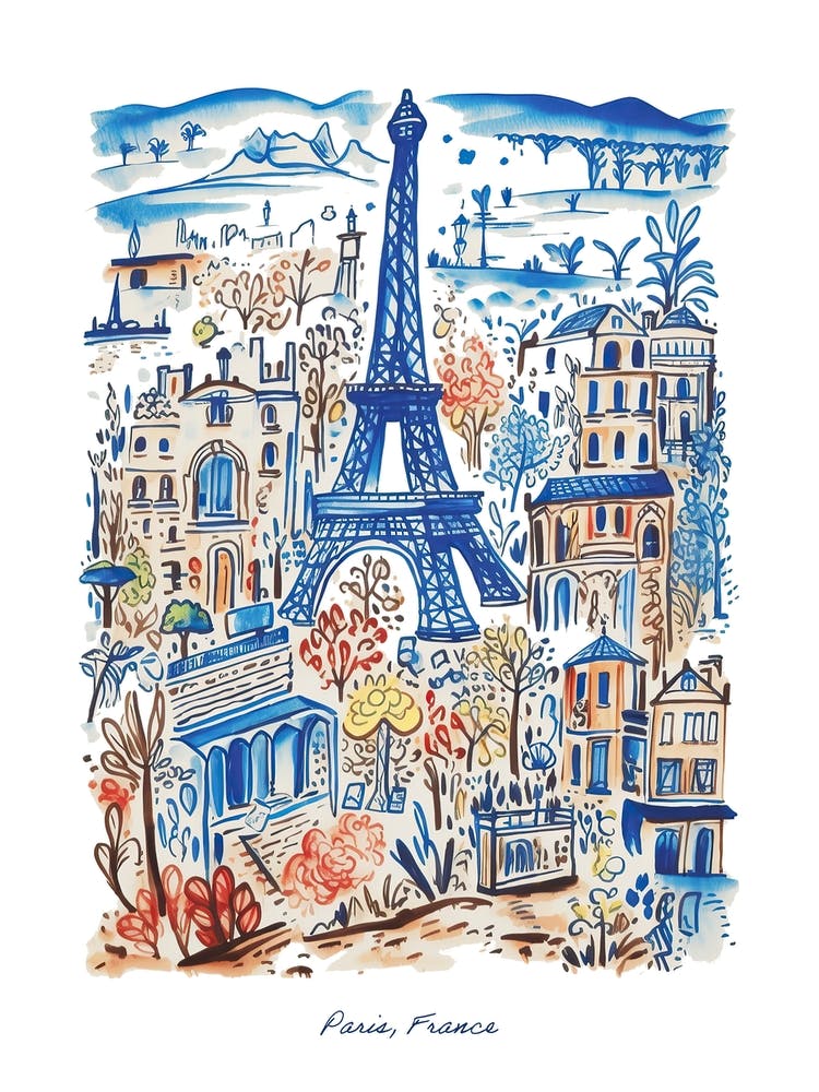 Paris Eiffel Tower Illustration Line Art France Travel Blue