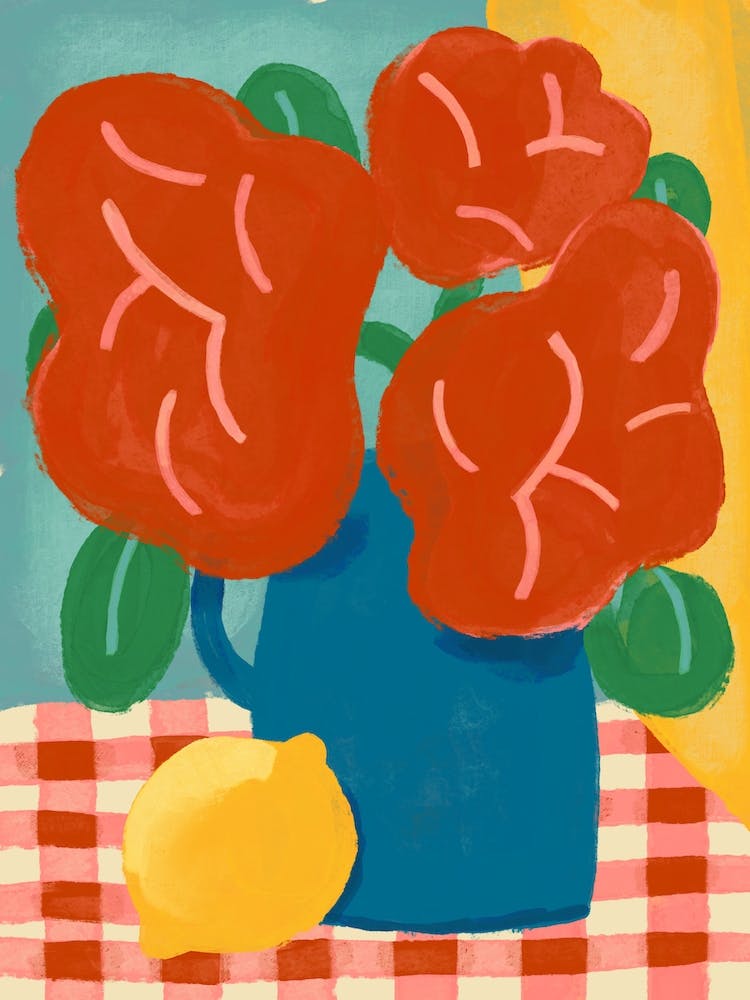 Brightly Colored Flower Vase On Kitchen Table Still Life