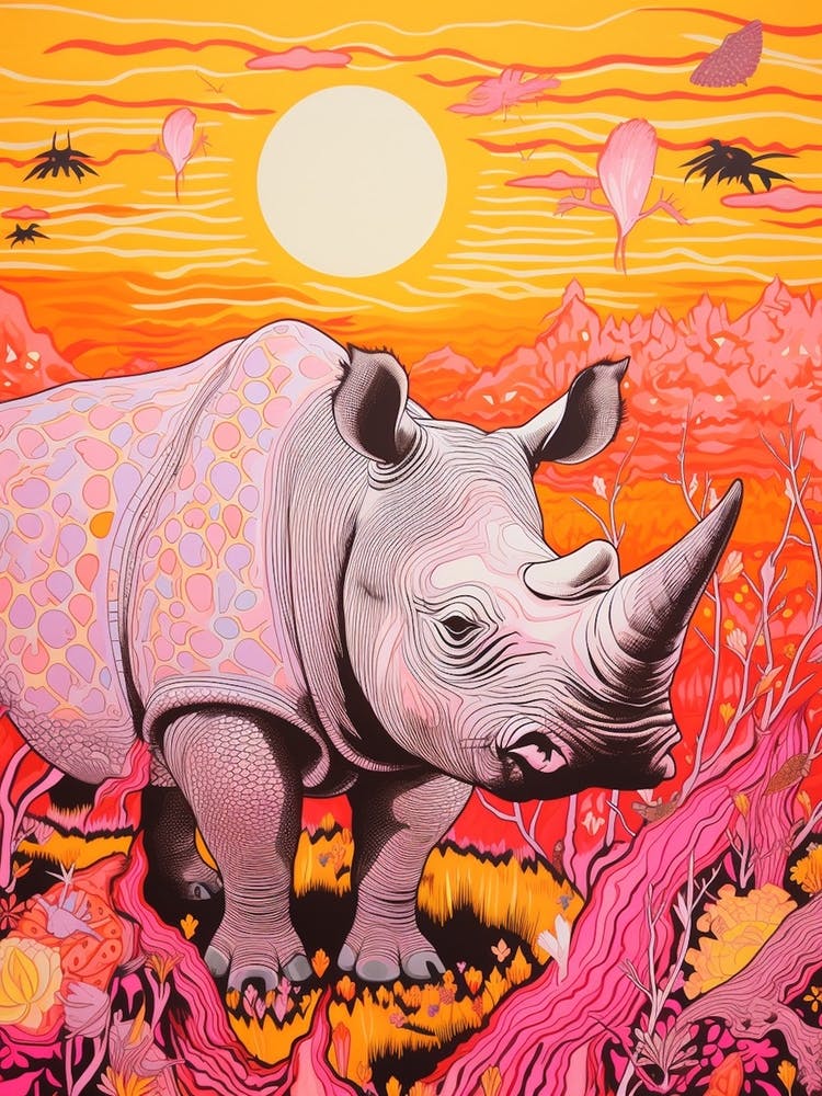 Floral Abstract Orange Linocut Inspired Rhino 2
