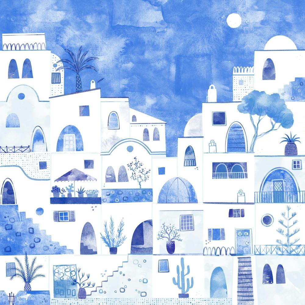 Oia Santorini Greece Blue and White Watercolor Townscape