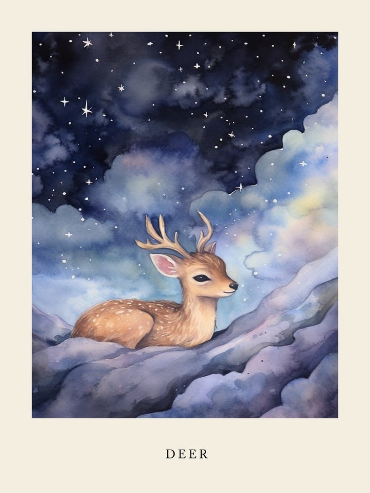 Baby Deer Sleeping In The Clouds Nursery Poster