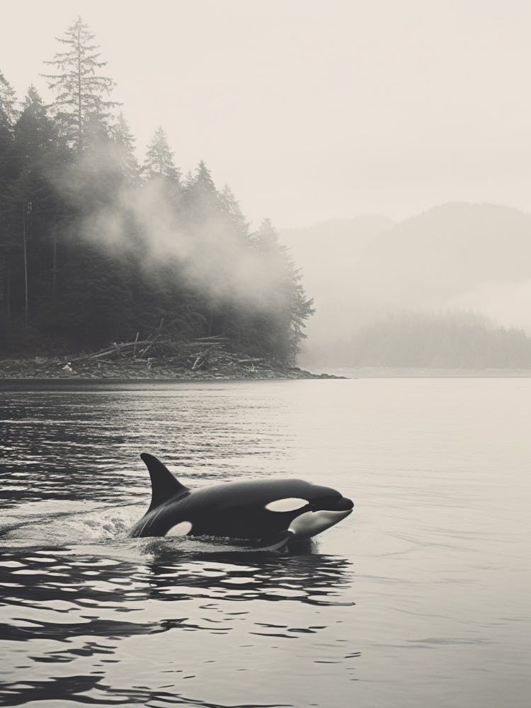 Misty Forest And Orca Whale Peeping Out Of Ocean