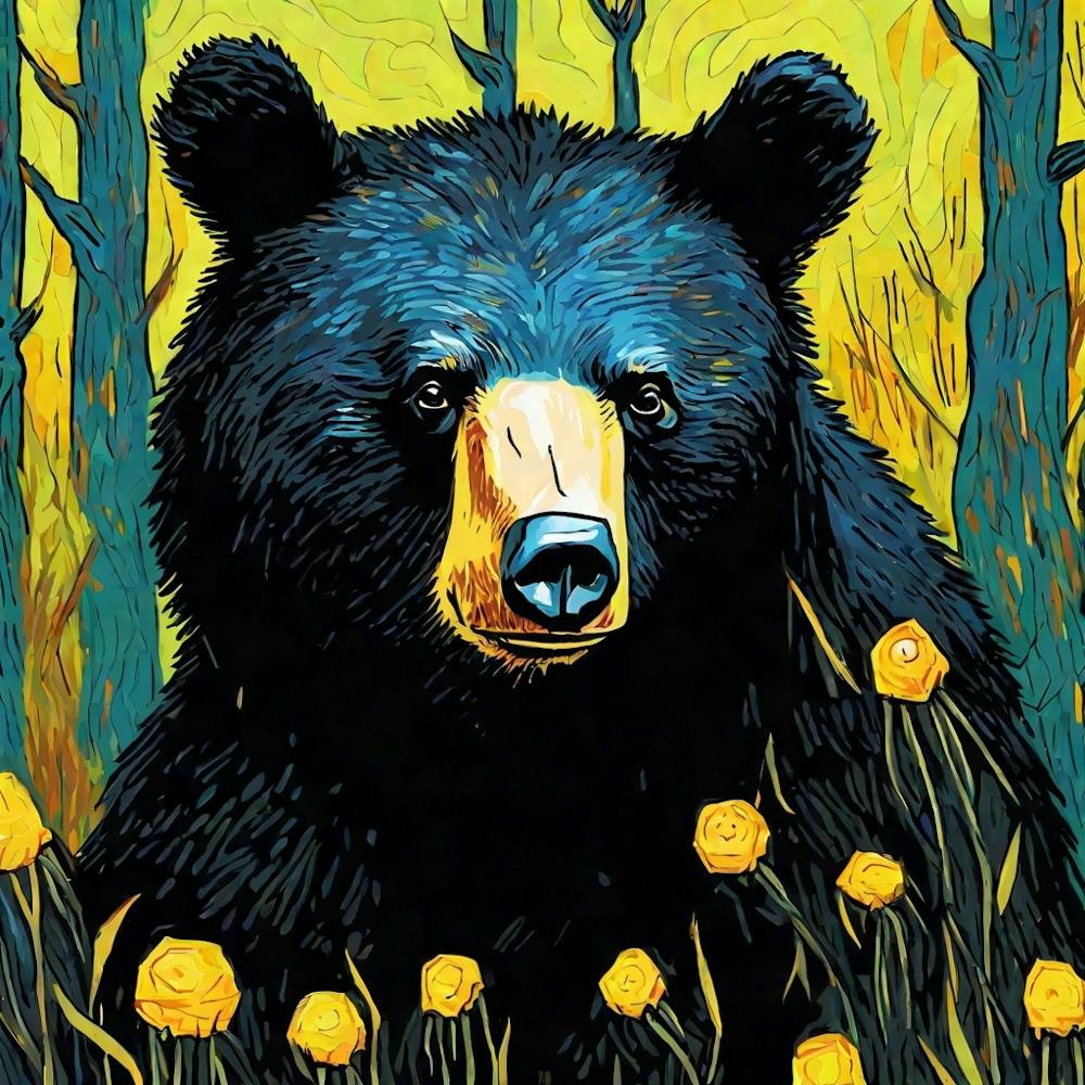 Black Bear In Yellow Flowers