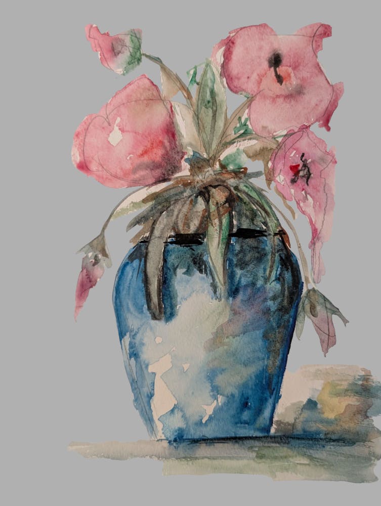 Pink flowers in vase watercolour illustration painting