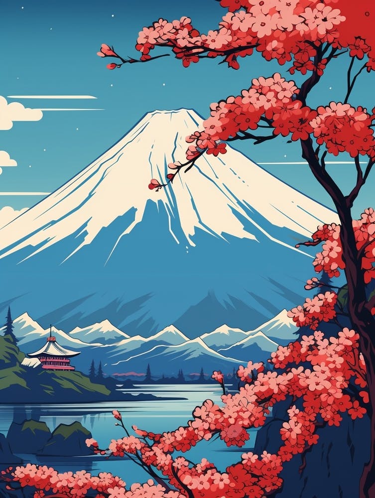 Mount Fuji Japan 2 Vintage Travel Illustration